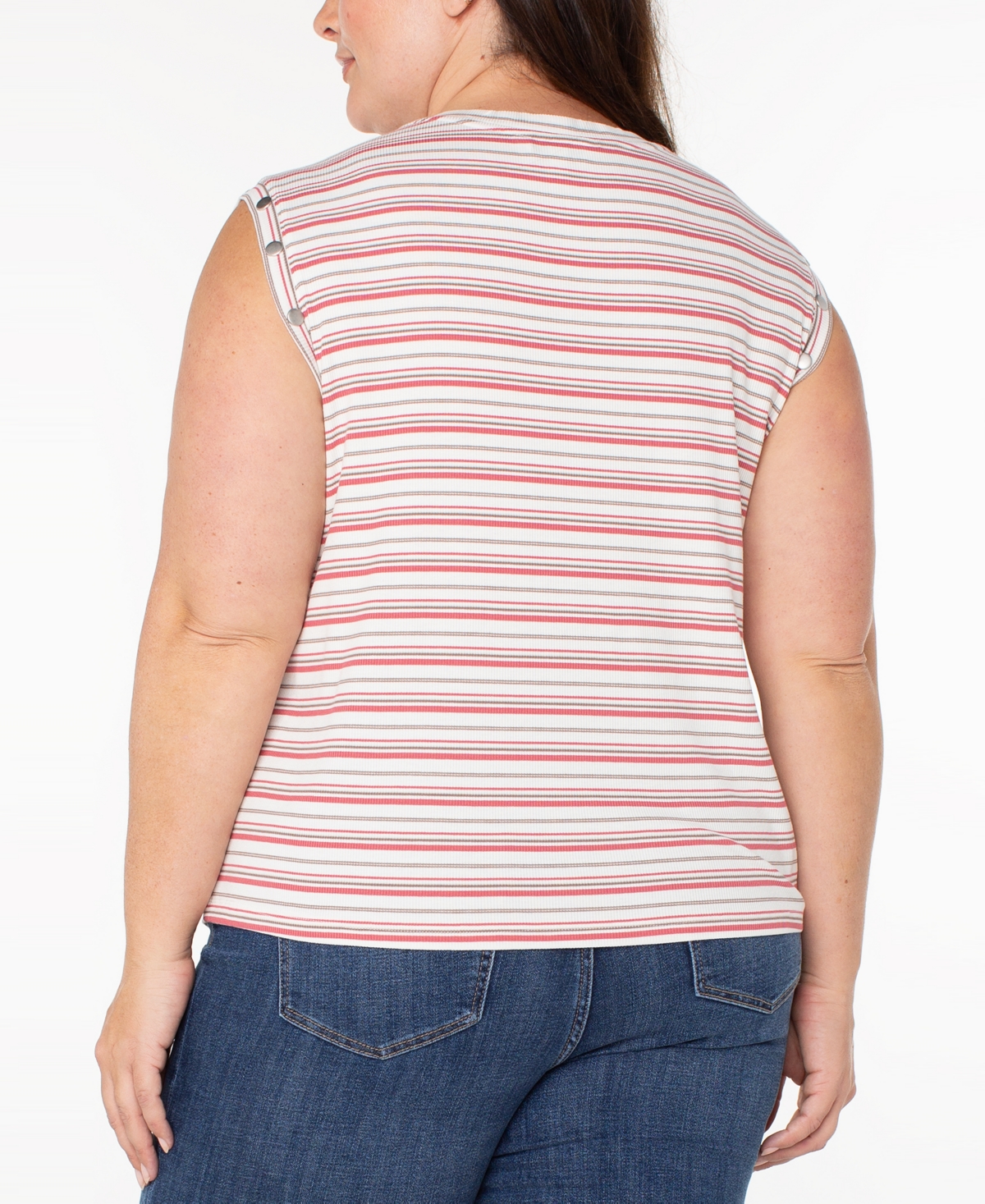 Liverpool Plus Size Crewneck Striped Sleeveless Top In Pink Multi Stripe
