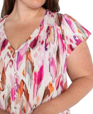 Liverpool Plus Size Flutter-Sleeve Button-Front Top