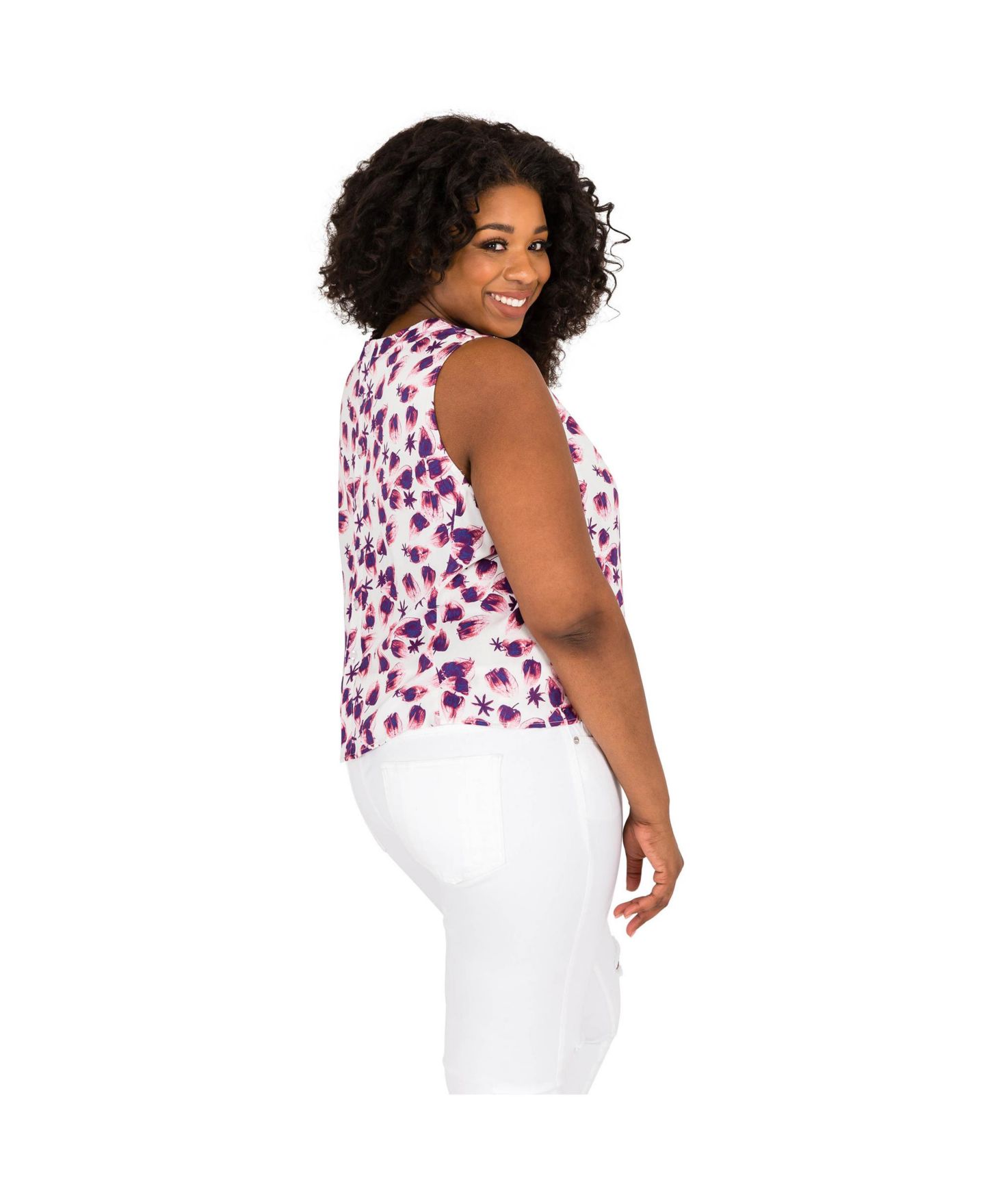 Женские топы Poetic Justice Plus Size Leaf Print Button Back Sleeveless, цвет: Белый клубничный — фото 3
