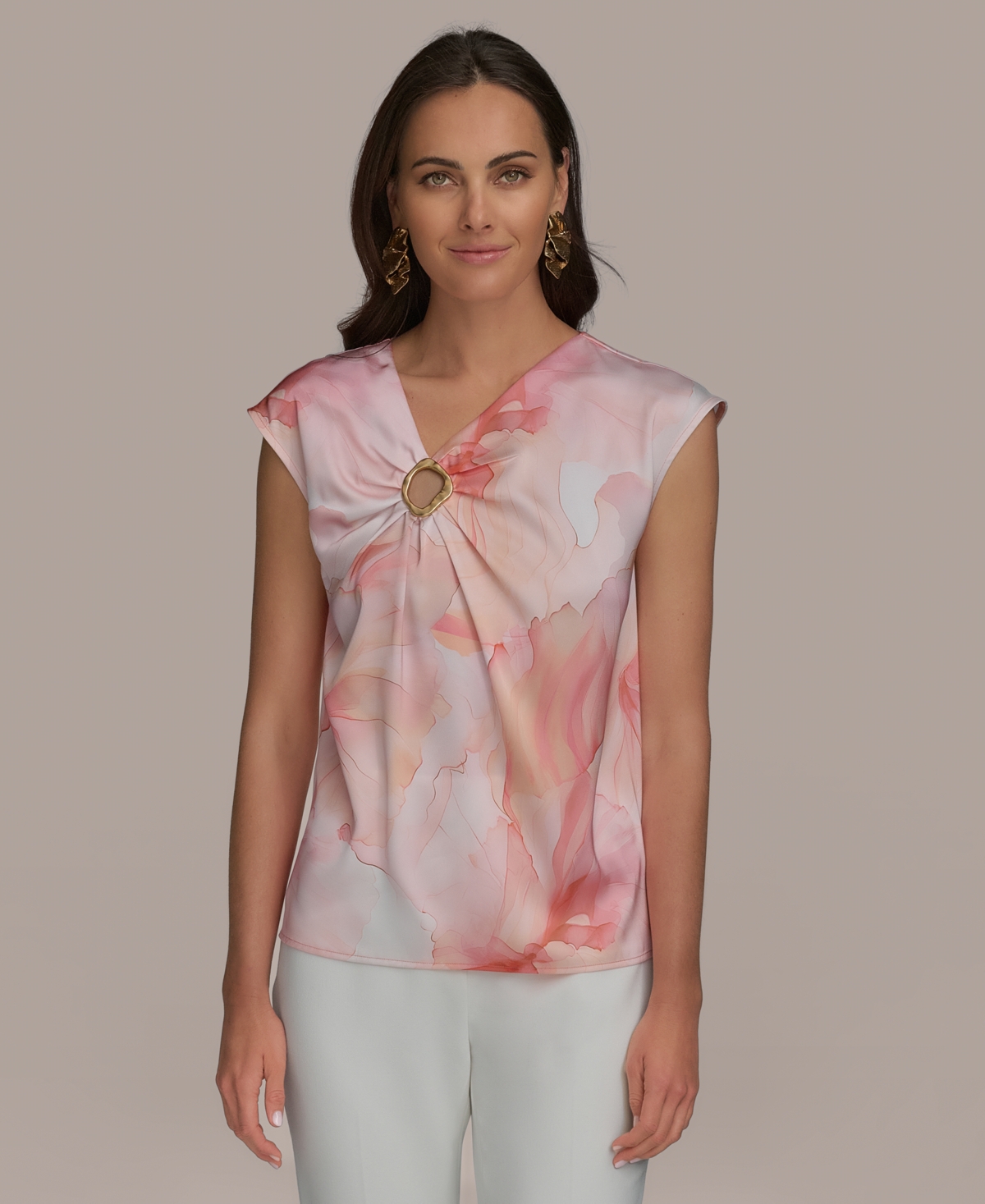 Shop Donna Karan Women's Printed V-neck Blouse In Apricot Multi