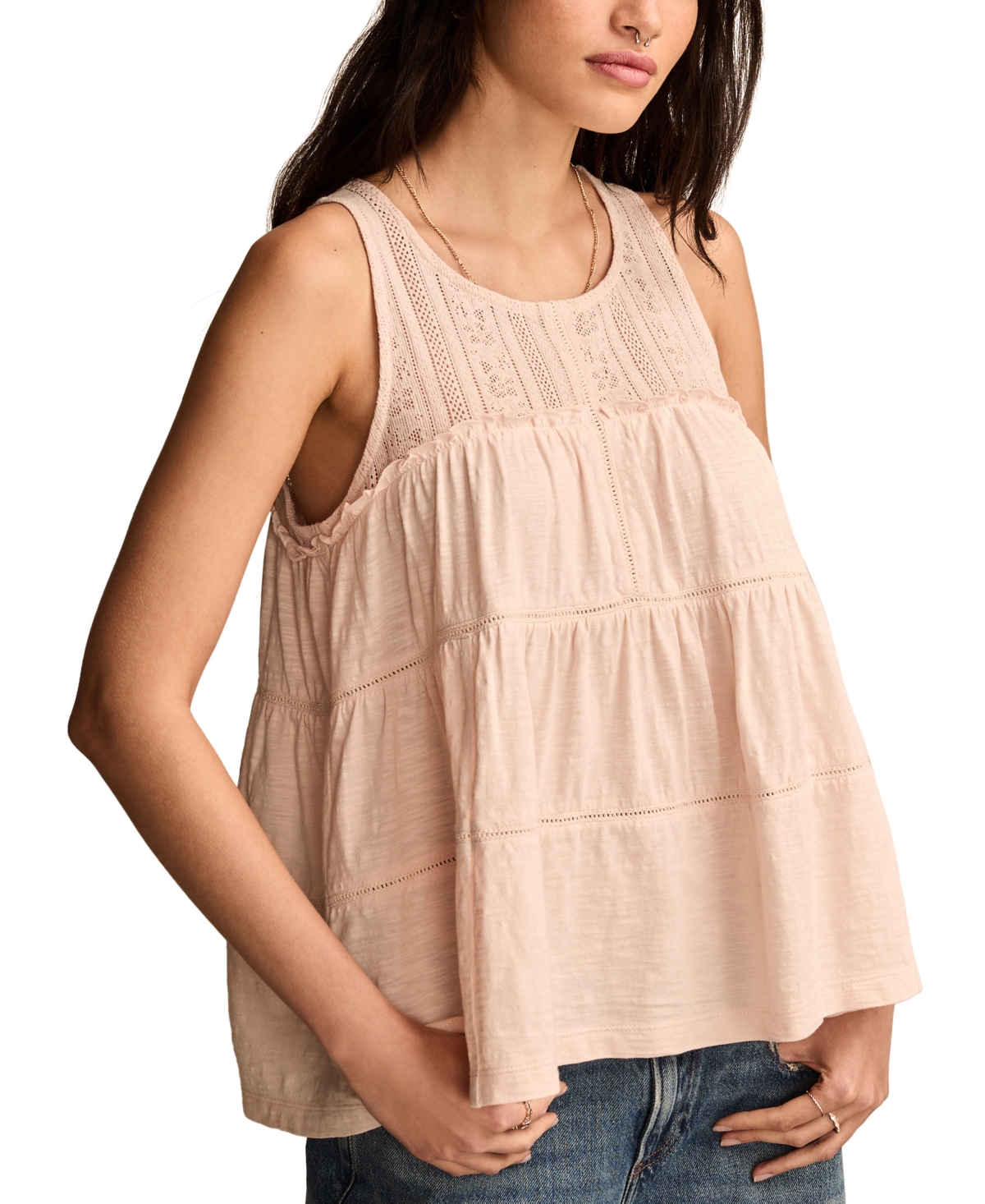 LUCKY BRAND WOMEN'S LACE RUFFLE TIERED TUNIC TOP