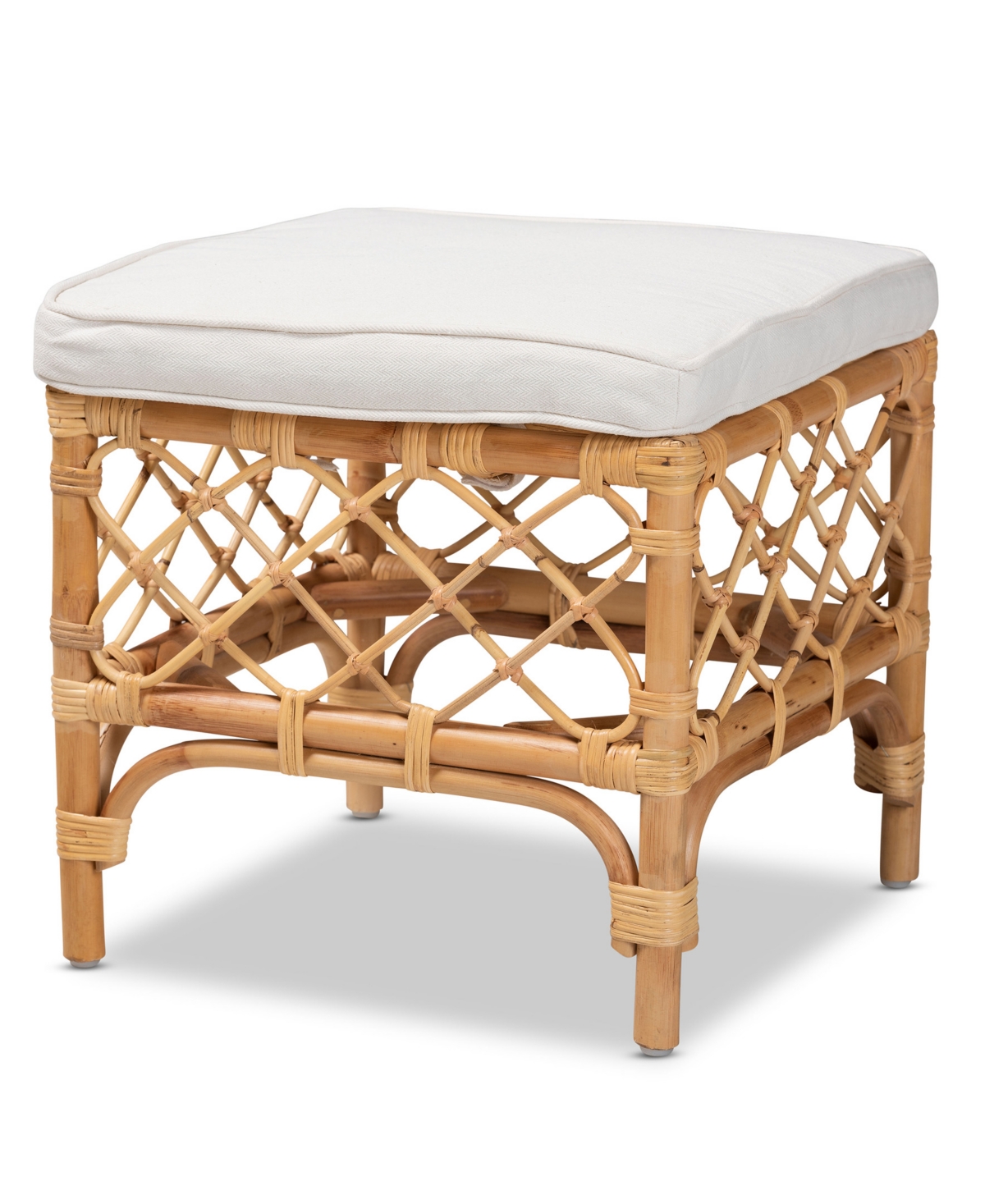 Bali & Pari 18.5" Upholstered And Natural Rattan Orchard Modern Bohemian Ottoman In White,natural Brown
