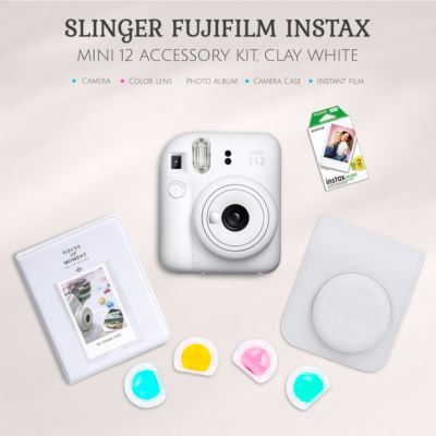 Fujifilm Instax Mini 12 Instant Film Camera, Clay White Bundle with Instax Mini Custom Case, Accessory Kit and Daylight Film, Twin Pack (20)