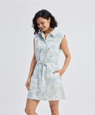 Women's Drawstring Shirt Dress in Blue Florals