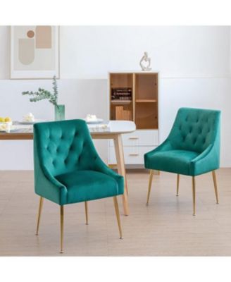 Modern Velvet Upholstered Dining Chairs Set of 2, Mid Century Side Chairs with 5.12” Cushions and Back Pull Rod for Kitchen, Living Room