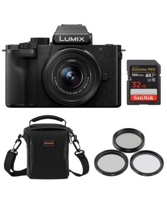 LUMIX DC-G100D Mirrorless Camera with G Vario 12-32mm f/3.5-5.6 OIS Lens, Bundle with 32GB Memory Card, 37mm Filter Kit and Shoulder Bag