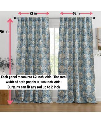 Messina Paisley Damask Patterned Back Tab Rod Pocket Curtains - Light Blocking Darkening Window Panels, Set of 2 (Blue/Yellow, 52 W x 84 L)