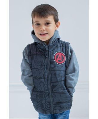 Boys Marvel Zip Up Vest 2fer Jacket and Pullover Fleece Hoodie