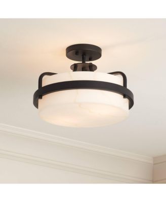 Bregman 13" Modern Semi Flush-Mount Ceiling Light Fixture Kitchen Foyer Drum Black Finish White Stone Glass