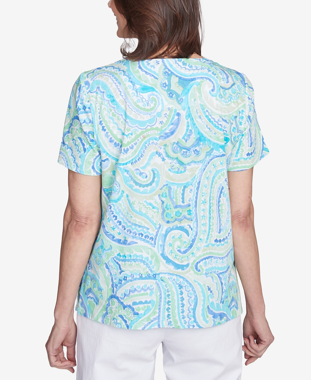 Alfred Dunner Petite Pleated Crew Neck Paisley Top In Mublue