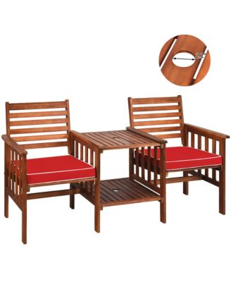Patio Outdoor Conversation Set Acacia Wood Loveseat  w/ Cushion Table