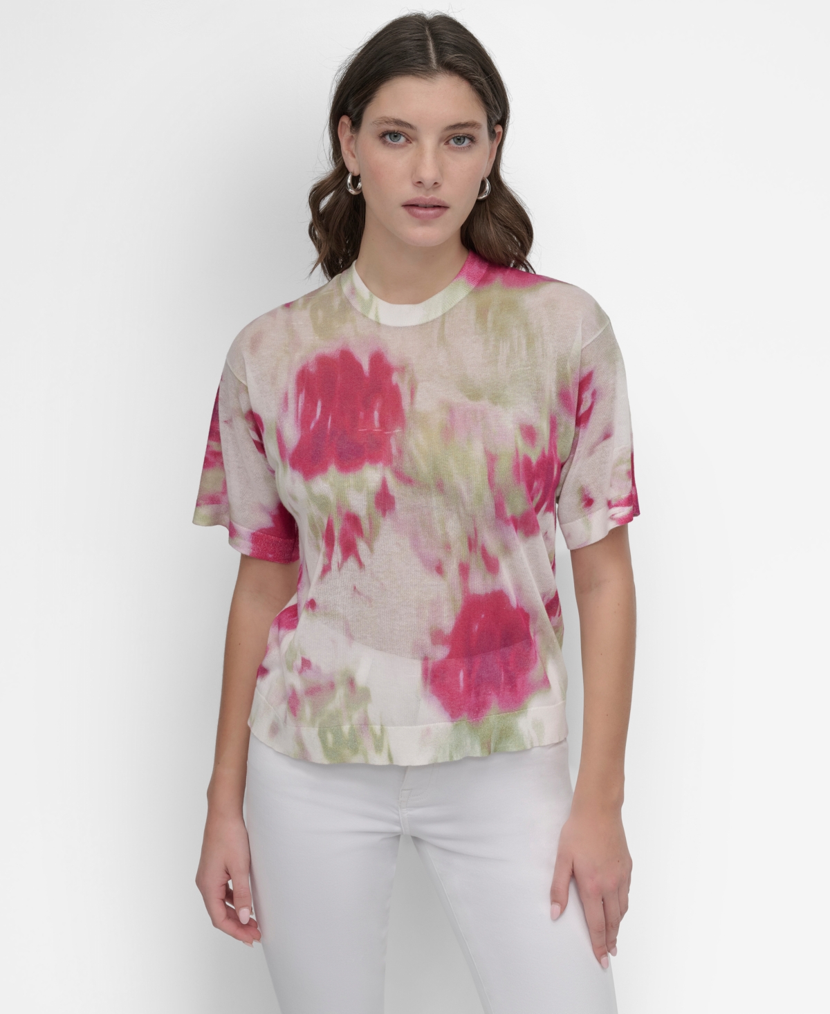 Women's Watercolor-Print Short-Sleeve Sweater - May Watercolor