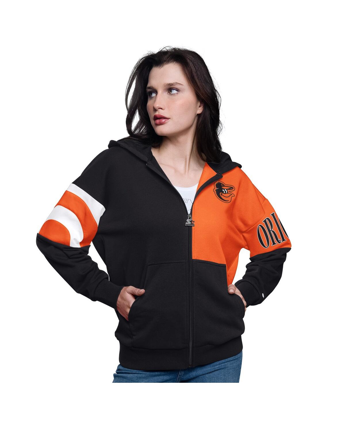 Shop Starter Women's Black/orange Baltimore Orioles Curve Ball Full Zip Hoodie Sweatshirt In Black,orange