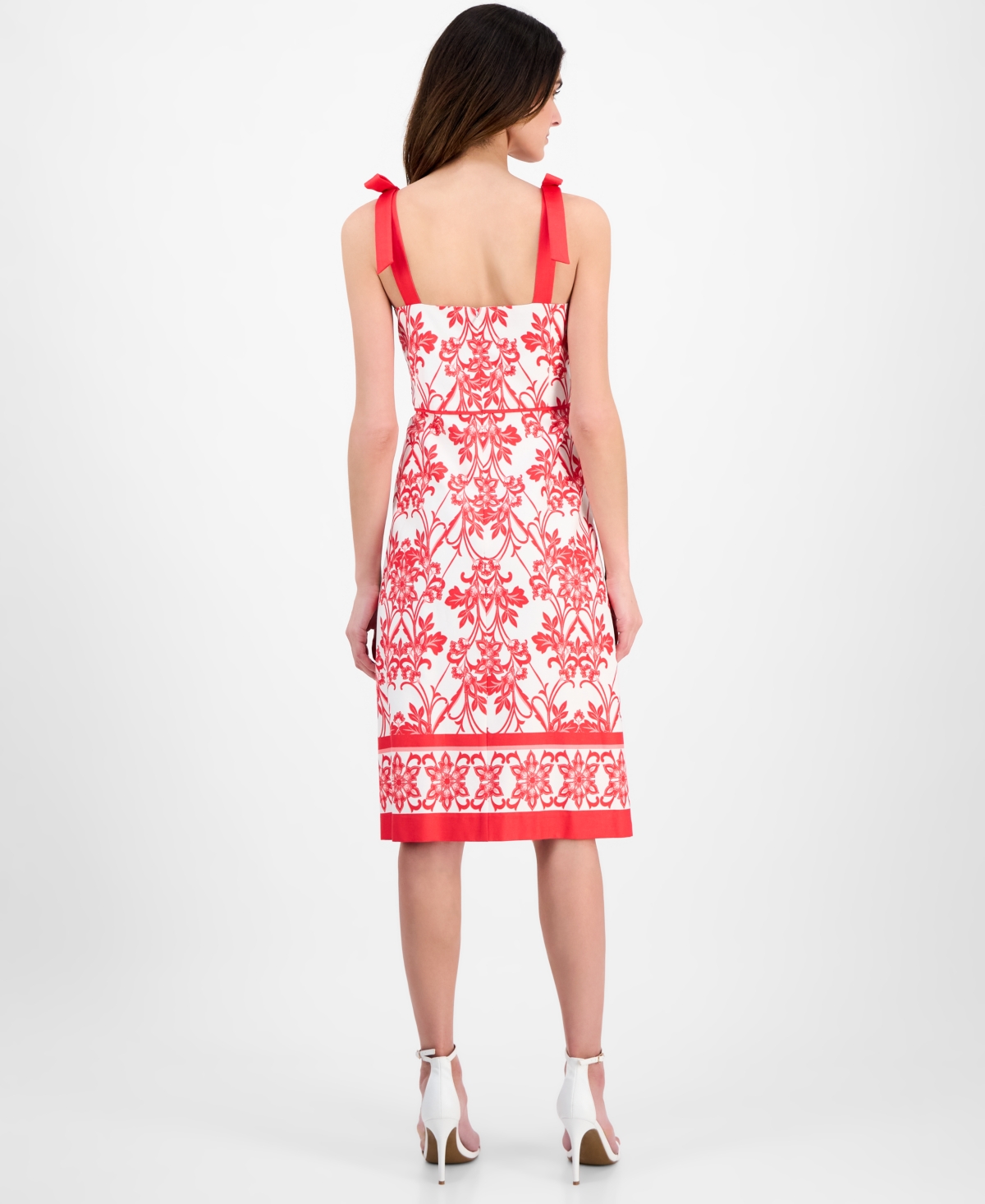 Anne Klein Bow Shoulder Midi Dress In Hibiscus Red,white