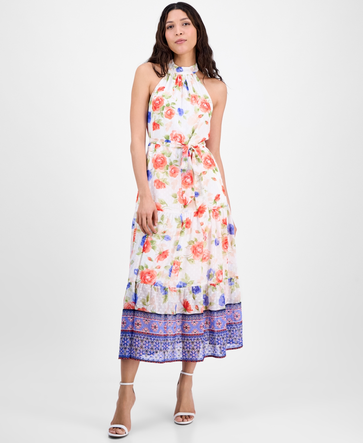 Shop Anne Klein Women's Printed Chiffon Sleeveless Midi Dress In Pearl White Multi