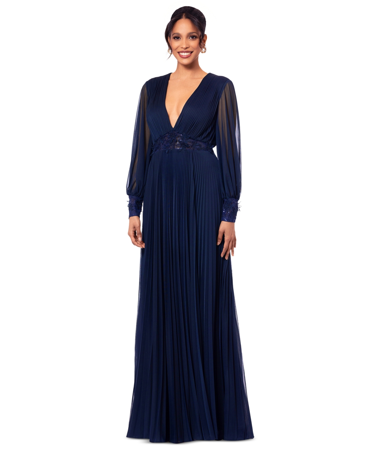 BETSY & ADAM WOMEN'S LONG MESH SEQUIN-WAIST DRESS 