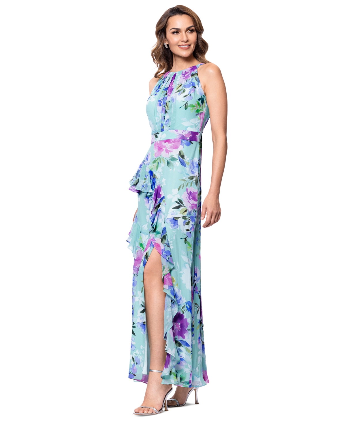 BETSY & ADAM BETSY & ADAM WOMEN'S BACK-TIE HALTER RUFFLED GOWN 