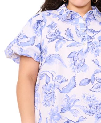 MSK Plus Size Floral-Print Cotton Puff-Sleeve Shift Dress