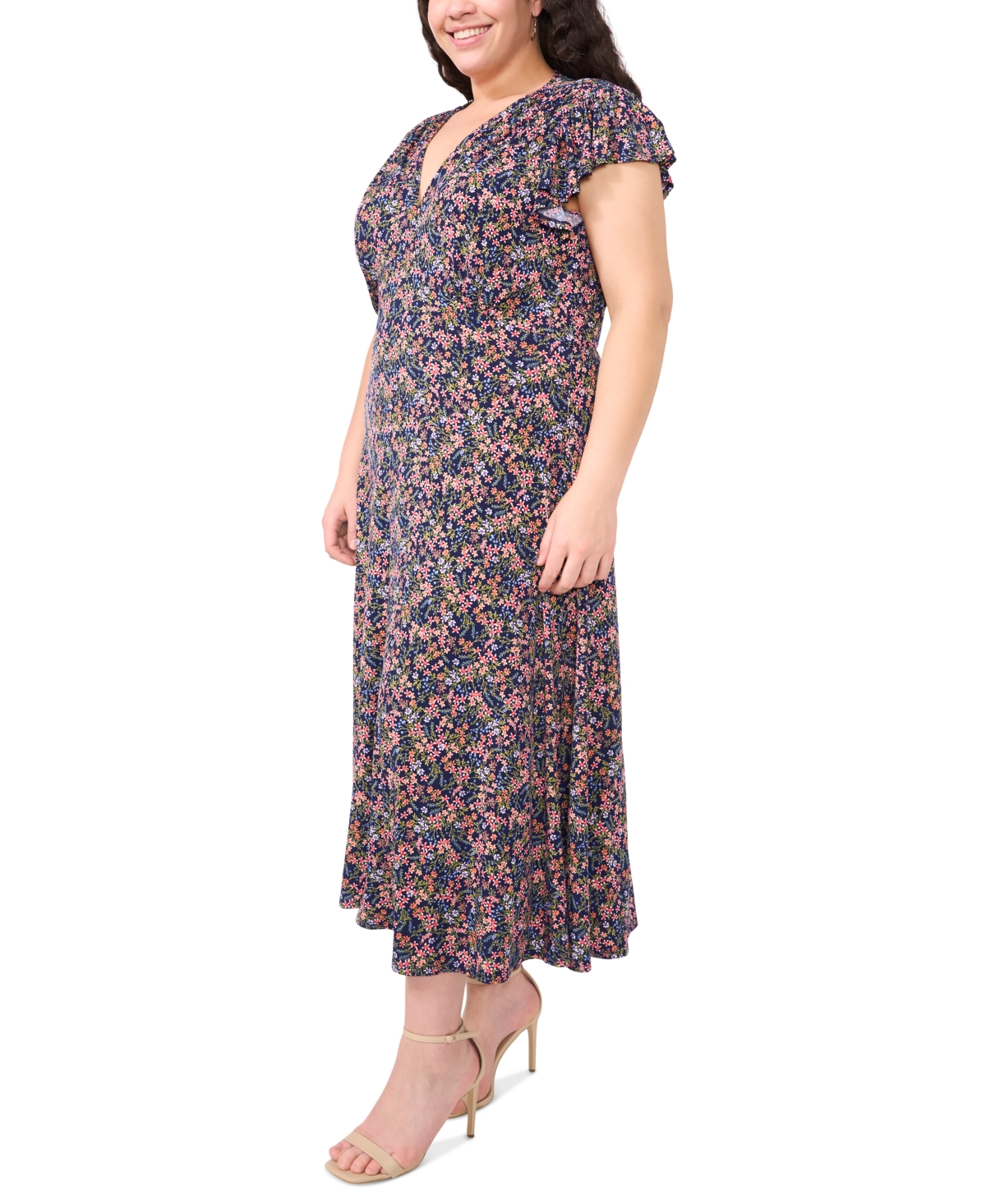 Msk Plus Size Floral-print Flutter-sleeve Midi Dress In Navy Multi
