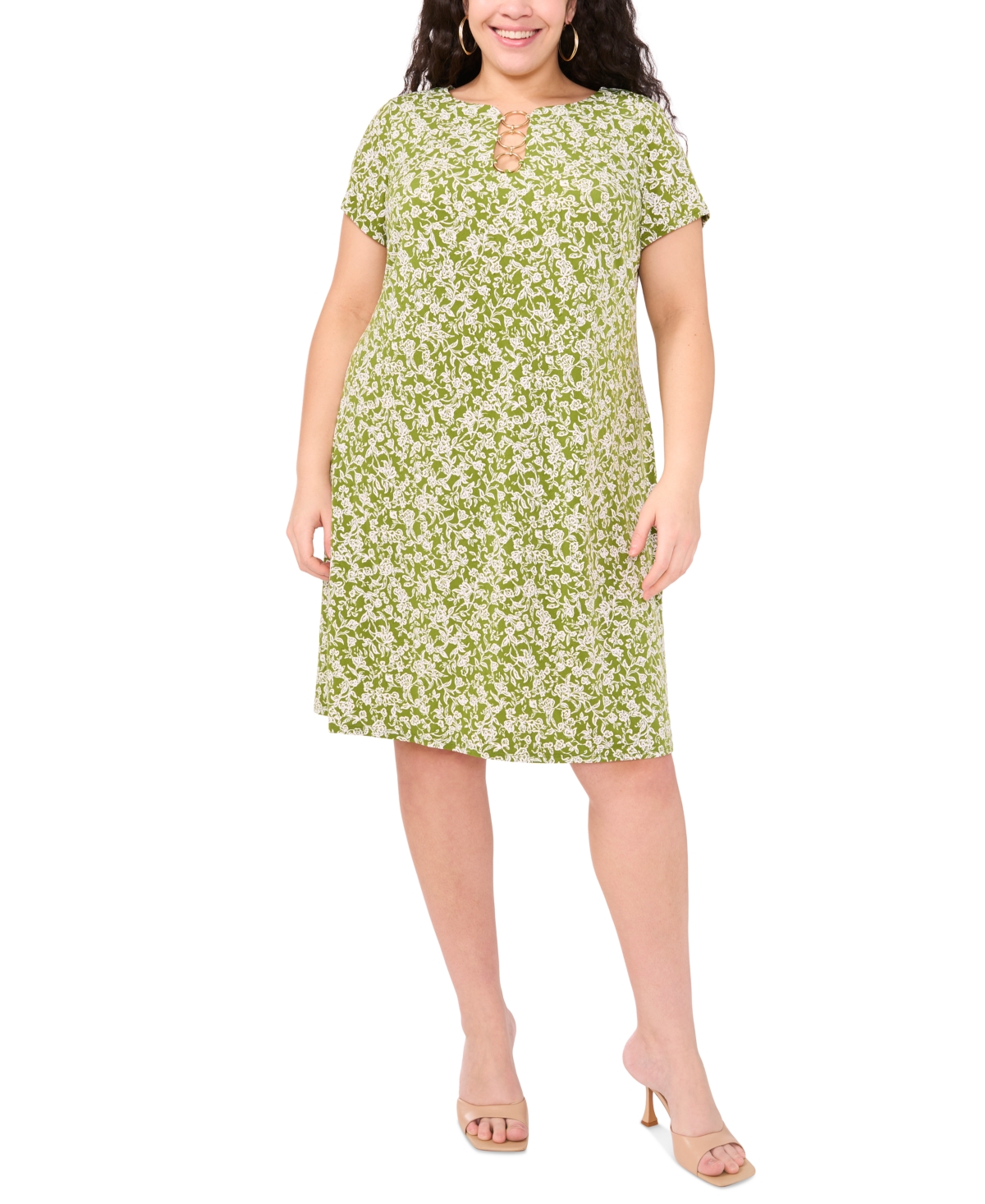 Plus Size Short-Sleeve Ring-Hardware Shift Dress - Cedar Green