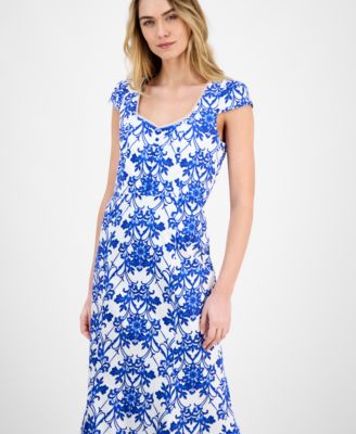 Printed Sweetheart-Neck Short-Sleeve Midi Dress