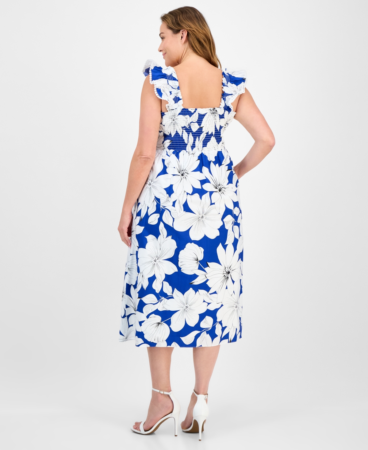 Anne Klein Plus Size Floral-Print Smocked Ruffled-Sleeve Cotton Midi Dress