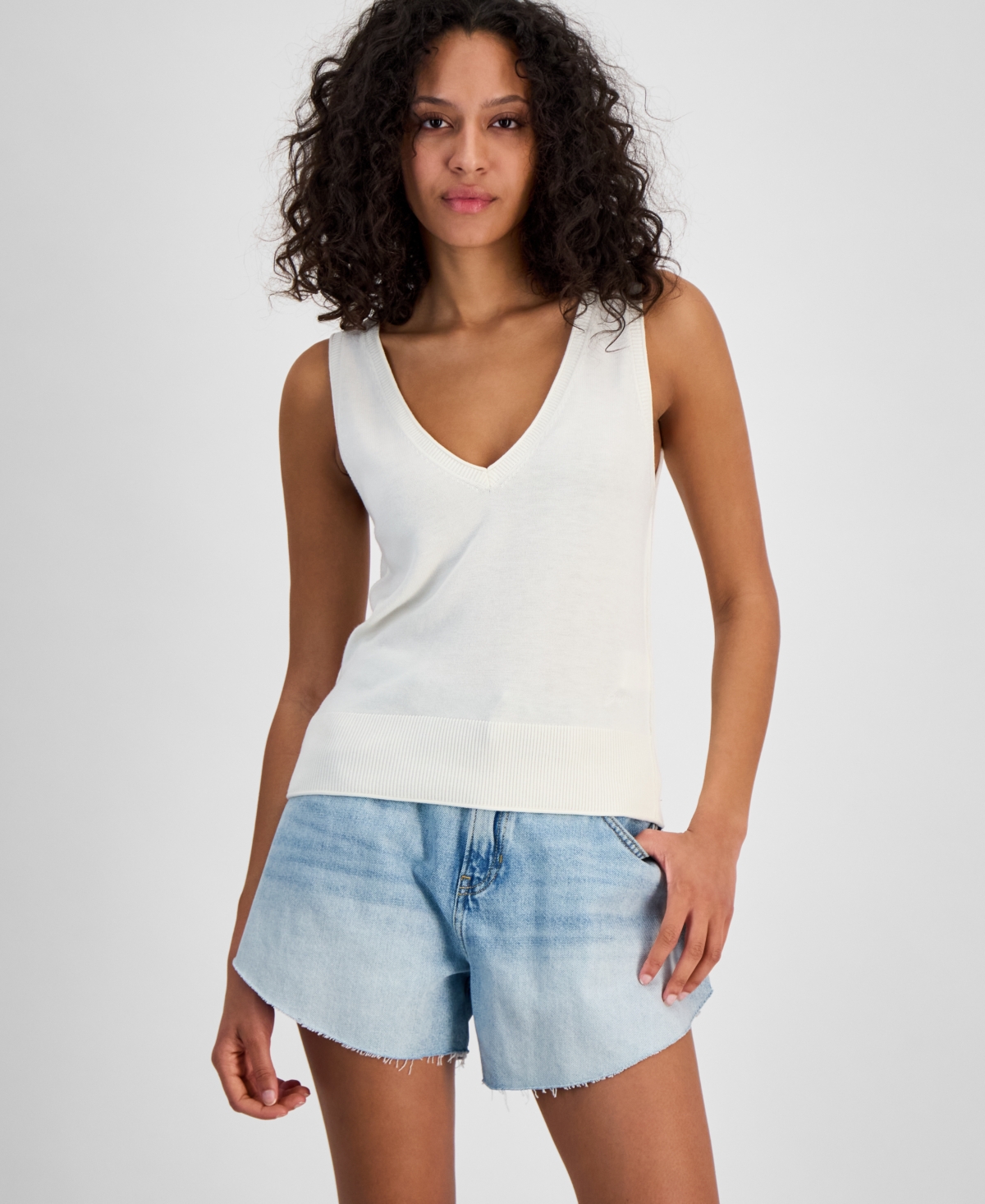 Women's Solid-Color Ribbed-Knit V-Neck Tank Top - Soft Cream