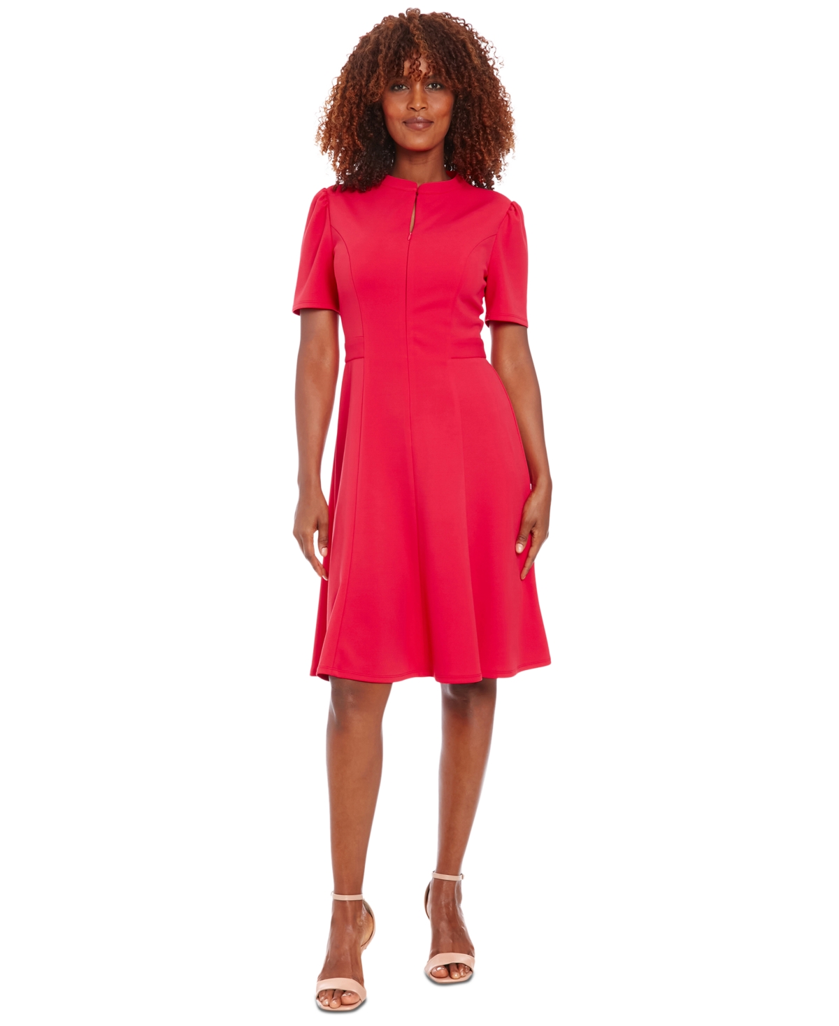 Petite Stand-Collar Fit & Flare Dress - Rose Red