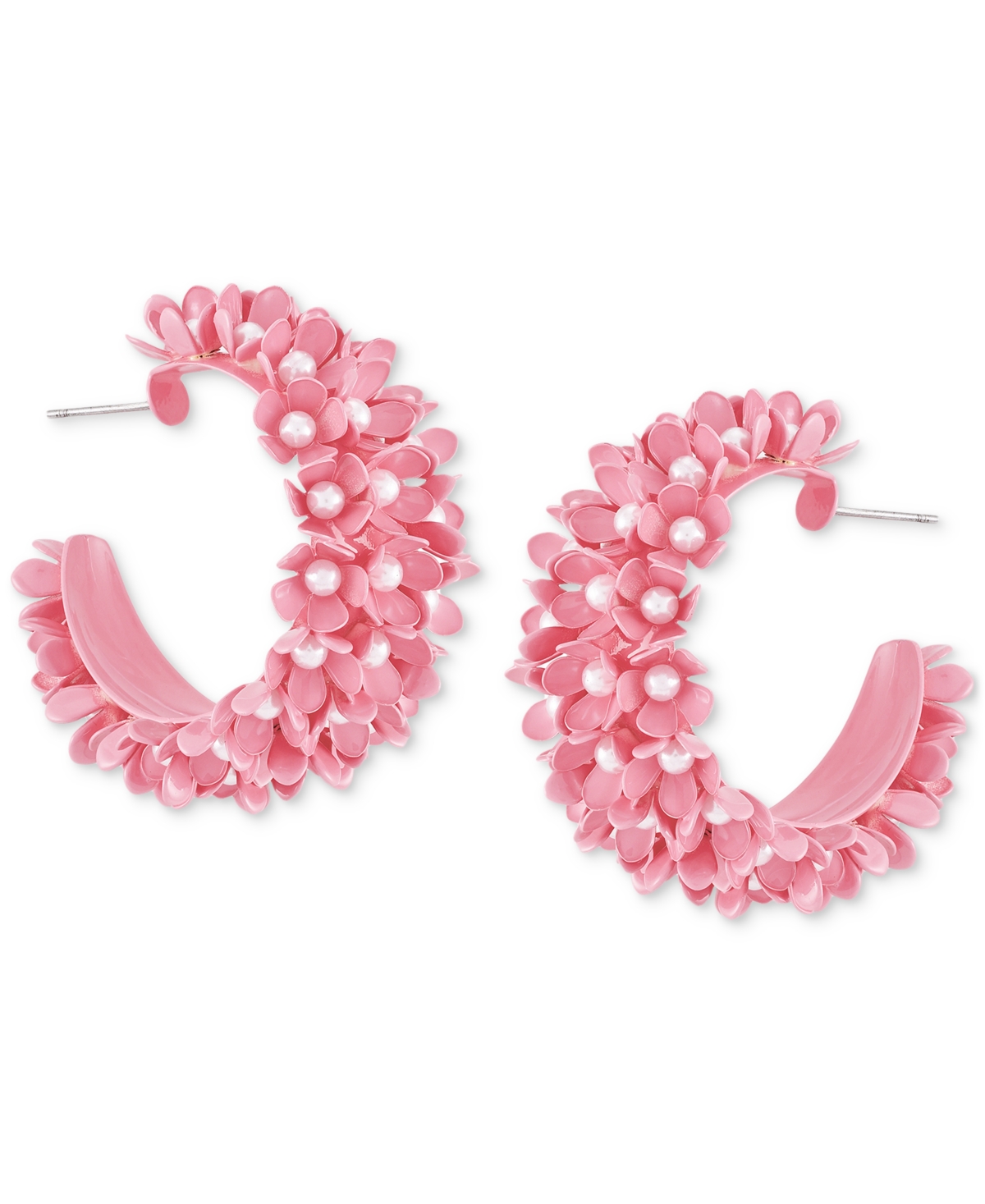 Pink-Tone Medium Imitation Pearl Flower C-Hoop Earrings, 1.69" - Pink