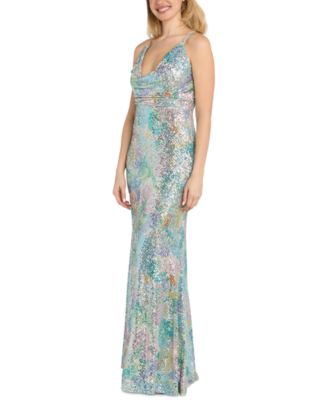 Juniors' Sequined Cowlneck Gown