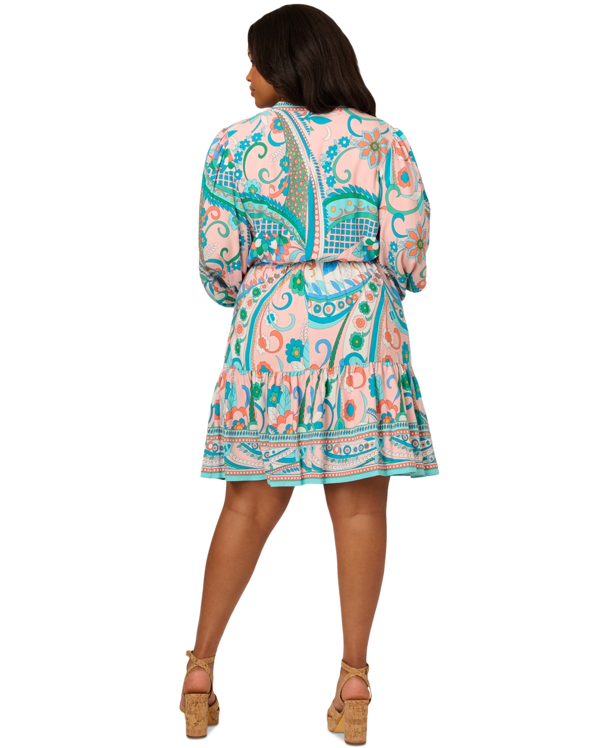 ADRIANNA PAPELL PLUS SIZE PRINTED LONG-SLEEVE BELTED DRESS 