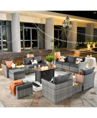 13 Piece Outdoor Wicker Patio Set with Sectional Sofa, 42" Fire Pit, Swivel Chairs, Ottomans & Coffee Table
