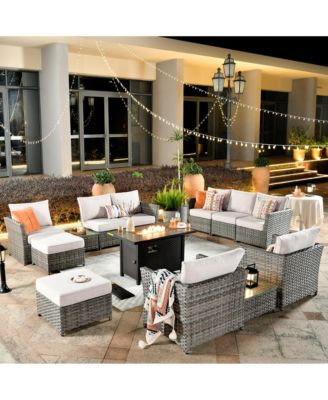 13 Piece Outdoor Wicker Patio Set with Sectional Sofa, 42" Fire Pit, Swivel Chairs, Ottomans & Coffee Table