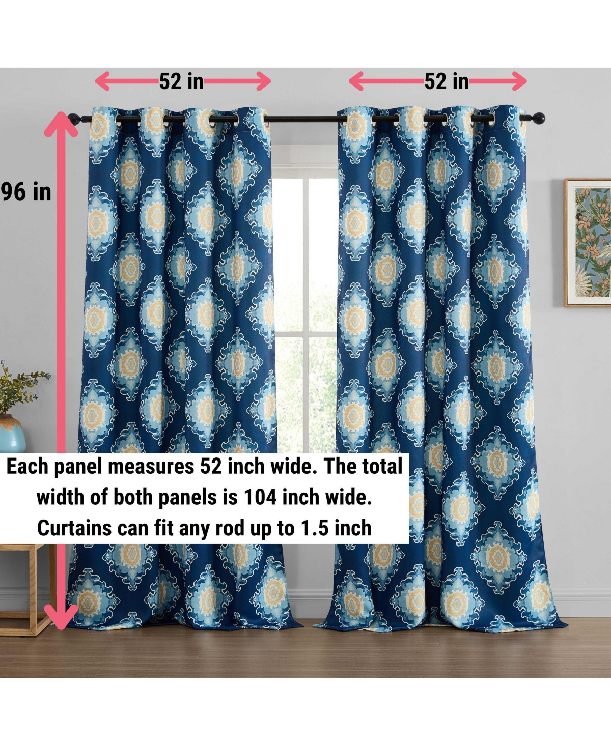 Hlc.me Liam Ogee Ikatt Damask Patterned Window Grommet Curtains Bedroom - Light Blocking Darkening Window Panels, Set of 2 (Navy Blue