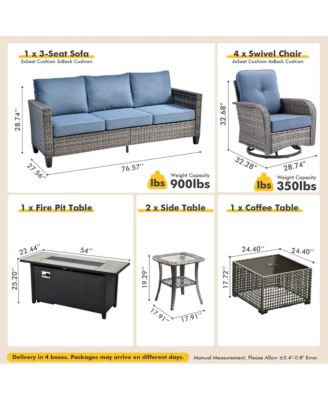 9 Piece Outdoor Patio Furniture with 3 Seat Sofa,All Weather Wicker Coversation Set with Swivel Rocking Chair,Balcony Sofa Set with Solar Nesting Tables and 54'' Fire Pit for Outside Porch Backyard Pool