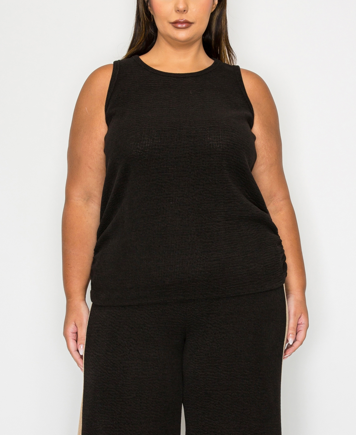 Plus Size Textured Rib Side Rushed Scoop Neck Tank Top - Black