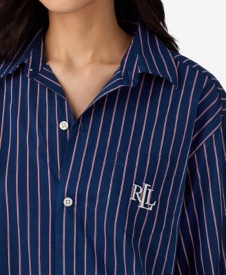 売れ筋商品|||ラルフローレン カットソー トップス レディース Women's Long Sleeve Roll Tab His Shirt Sleepshirt Dark Blue Stripe Lauren Ralph Lauren Long Sleeve Roll Tab Woven Button-Front