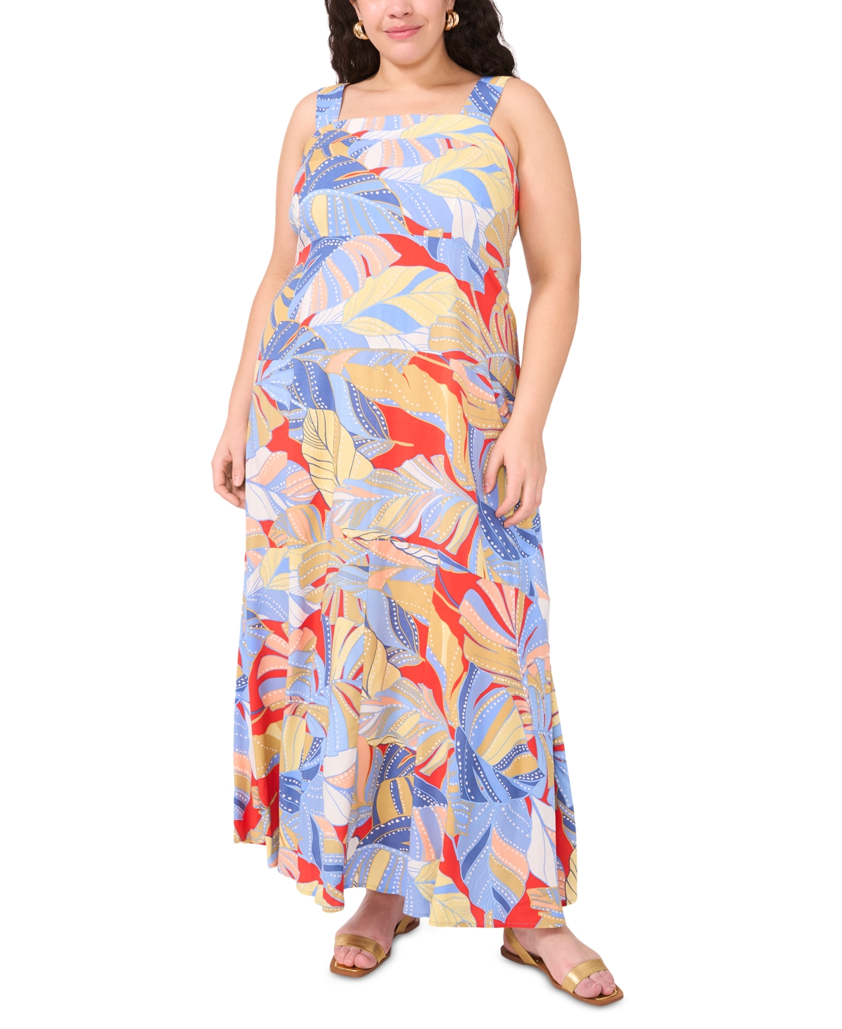 VINCE CAMUTO PLUS SIZE TROPICAL-PRINT SQUARE-NECK SMOCKED-BACK SLEEVELESS MAXI DRESS 