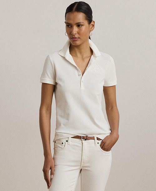 alfani Lauren Ralph Lauren Women's Floral-Logo Cotton Piqué Polo Shirt Women's Fashion Shoes & Accessories
