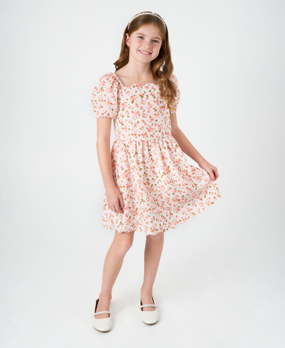 RARE EDITIONS BIG GIRLS FLORAL EYELET SCALLOPED HEM DRESS 