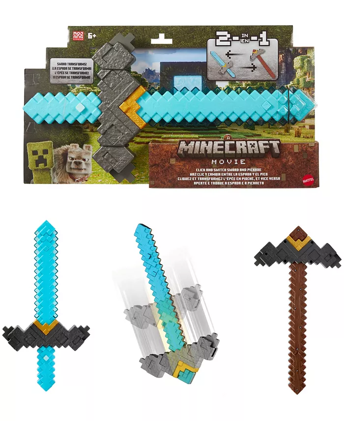 A Minecraft toy sword in a package and shown in three different styles