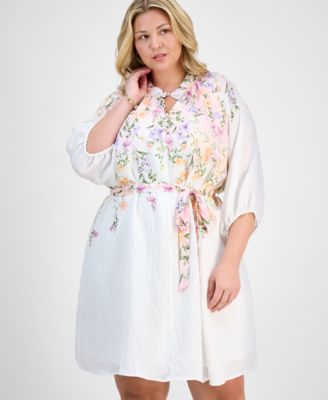Plus Size Placed-Floral Tie-Waist Shift Dress