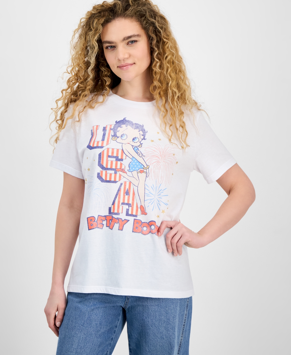 Juniors' Betty Boop Usa Graphic T-Shirt - White