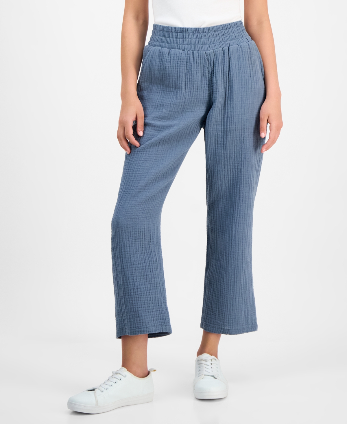 DKNY JEANS PETITE COTTON HIGH-RISE SMOCKED-WAIST PANTS 
