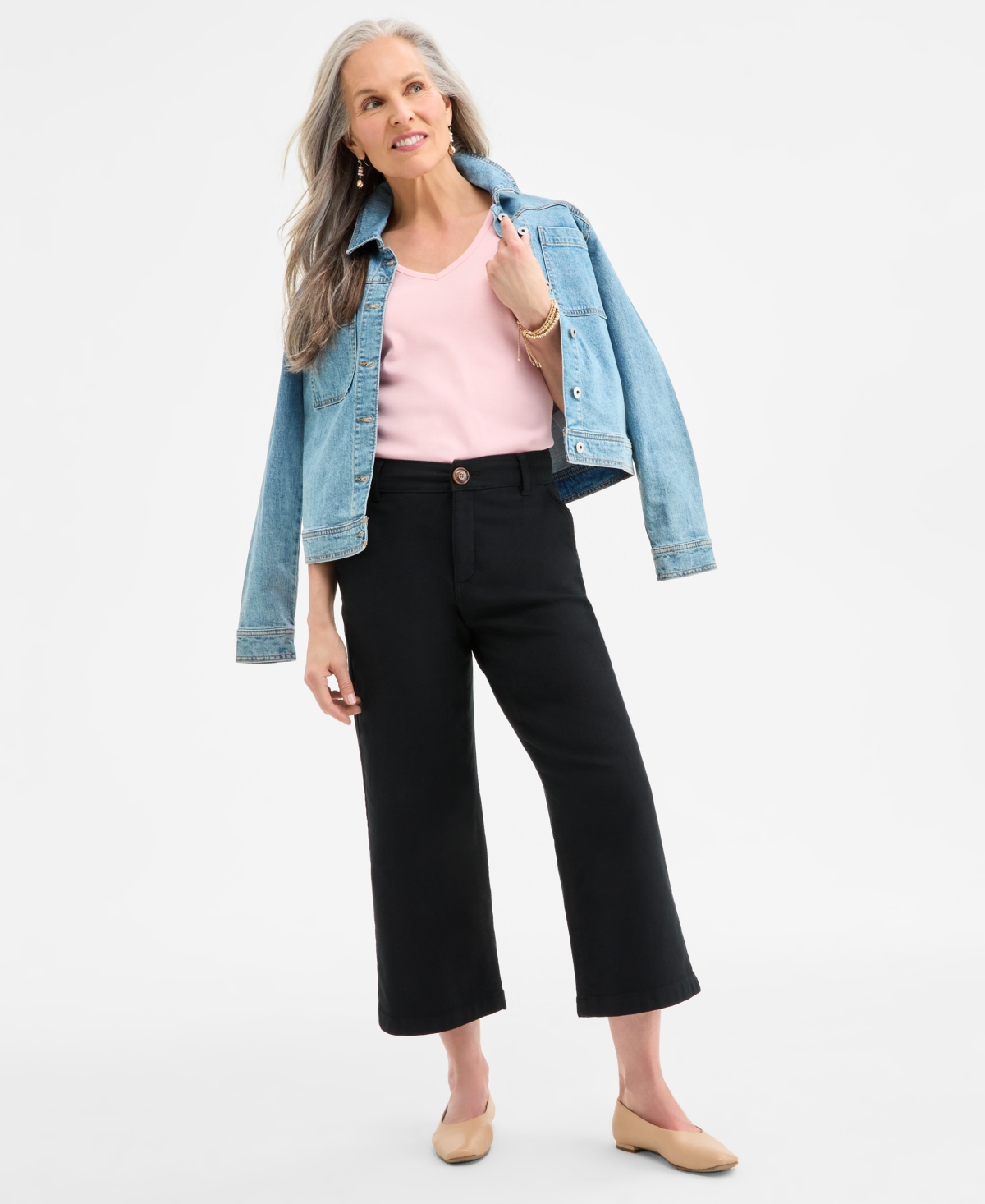 Petite Dobby Twill Cropped Wide-Leg Pants, Exclusively at Macy's - Industrial