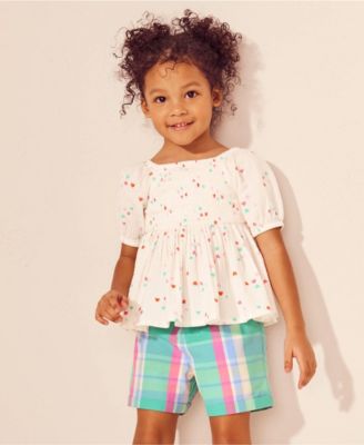Lands End Girls Short Sleeve Smocked Woven Top - Colorful hearts 24$