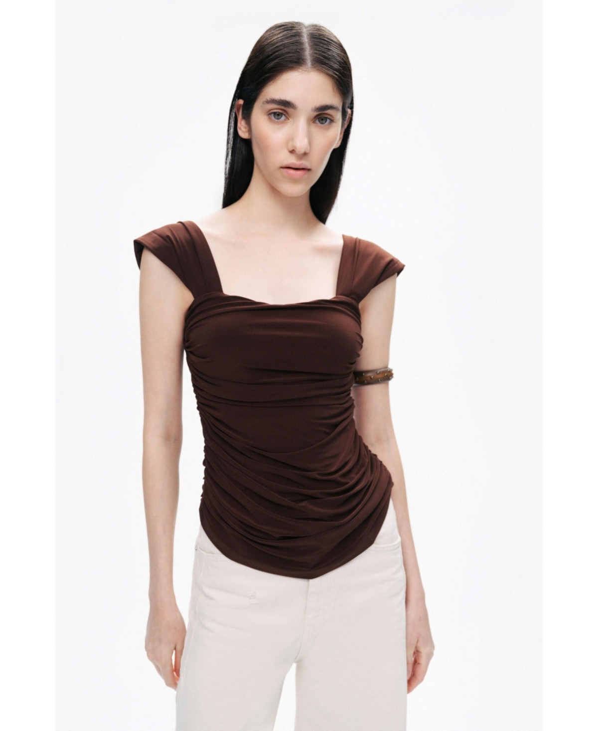Women's Thick Strap Draped Detail Blouse - Dark brown