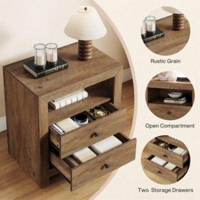 Farmhouse NightStand with 2 Drawers Storage, Mid-Century Retro End Table, Wide Bedside Night Stand