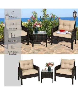 3PCS Outdoor Patio Rattan Furniture Set w/ Chairs Coffee Table Cushions