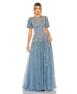 【Mac Duggal】Sequined Tiered Puff Sleeve Gown 関税送料込 Mac Duggal Evening Embellished Mesh Cap-Sleeve Gown | Saks